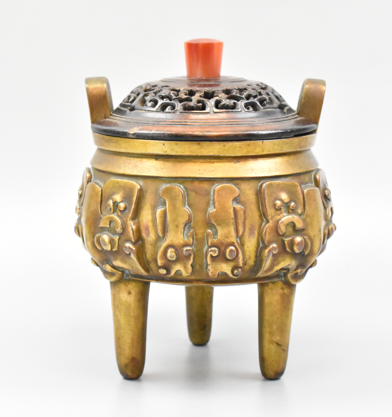 CHINESE GILT BRONZE CENSER W COVER  33a92a