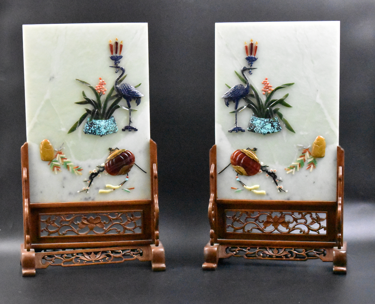 PAIR OF CHINESE JADE PLAQUE TABLE SCREEN