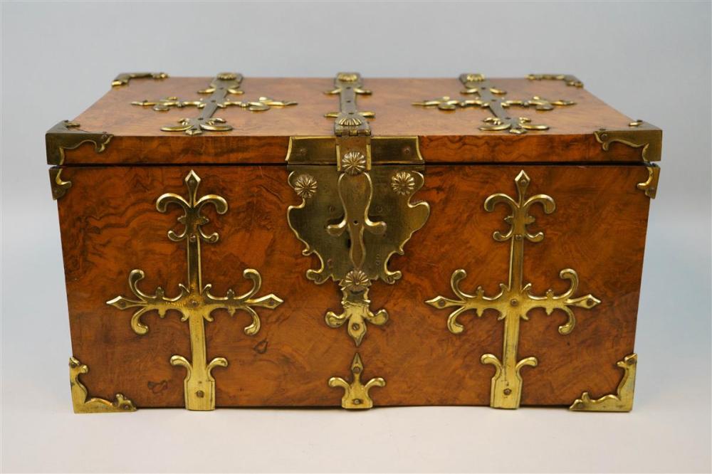 BURLED WALNUT AND BRASS BOUND BOX,