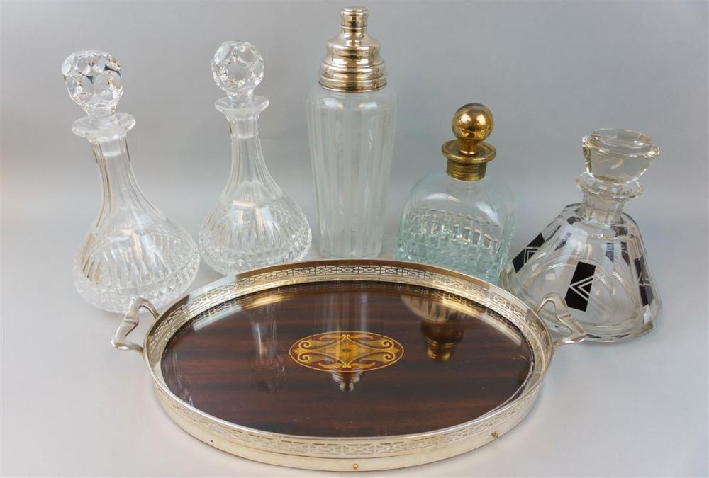 FOUR DECANTERS, ONE LARGE COCKTAIL SHAKER