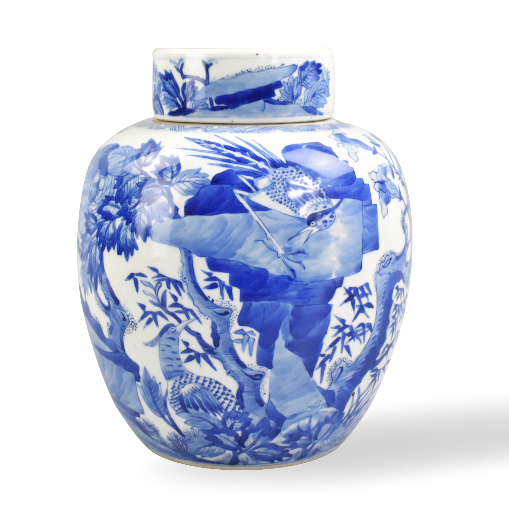 CHINESE BLUE & WHITE COVER JAR W/ PHEASANT,19TH