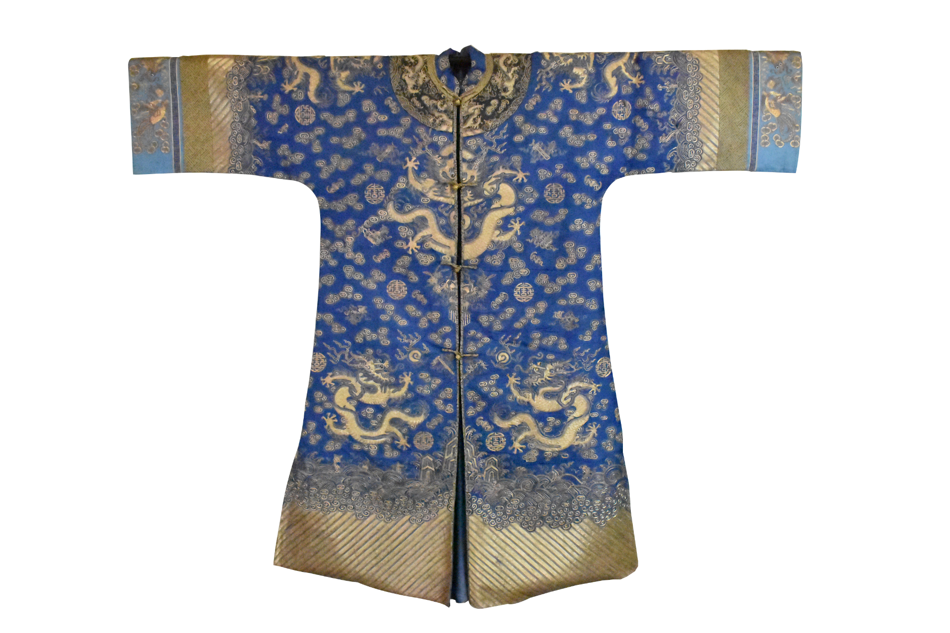 CHINESE BLUE SILK GILT DRAGON ROBE  33b039