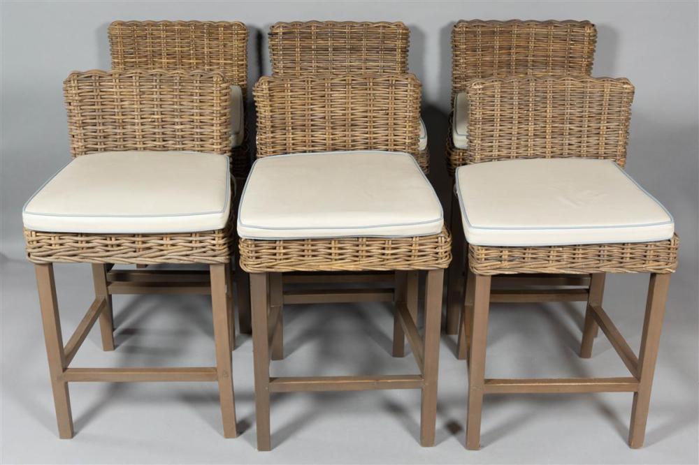 SET OF SIX STAINED WICKER BARSTOOLSSET