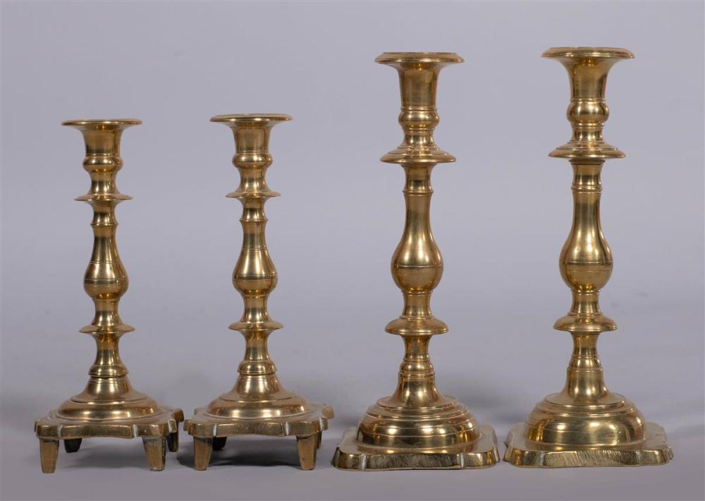TWO PAIRS OF BRASS CANDLESTICKSTWO