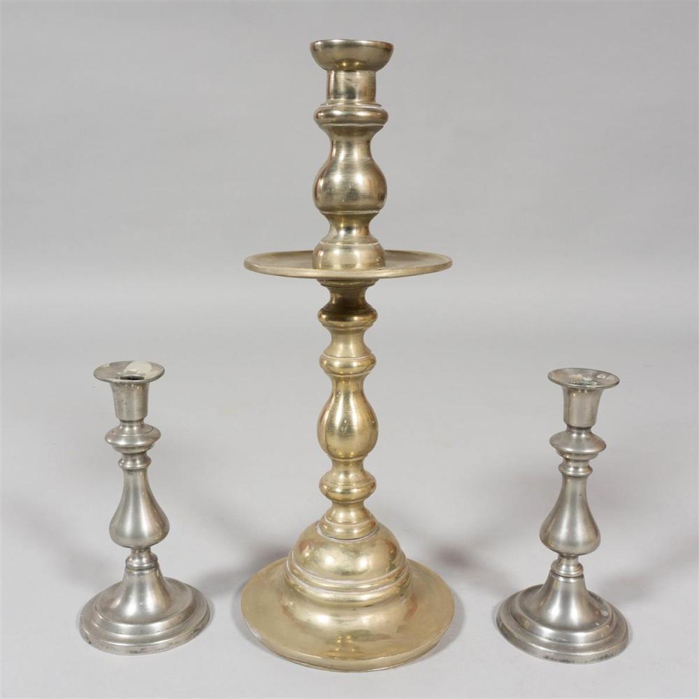 PAIR OF PEWTER CANDLESTICKS AND A LARGE