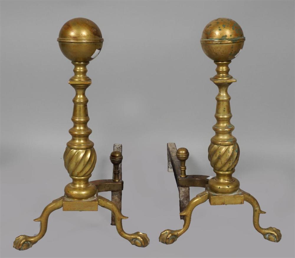PAIR OF CHIPPENDALE BRASS ANDIRONS,