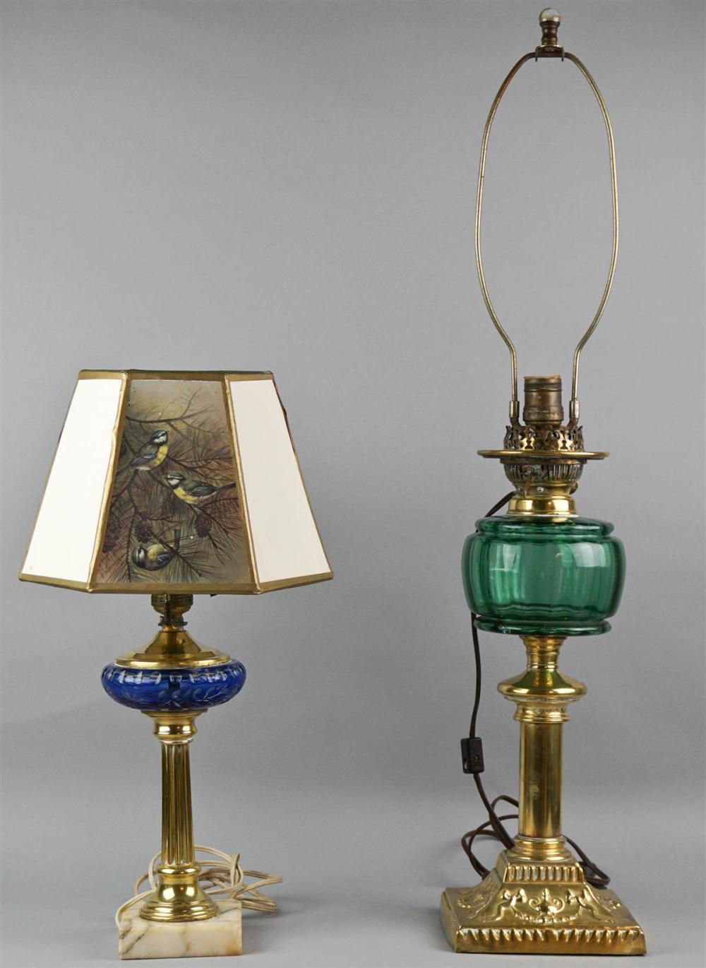 TWO BRASS AND GLASS TABLE LAMPSTWO