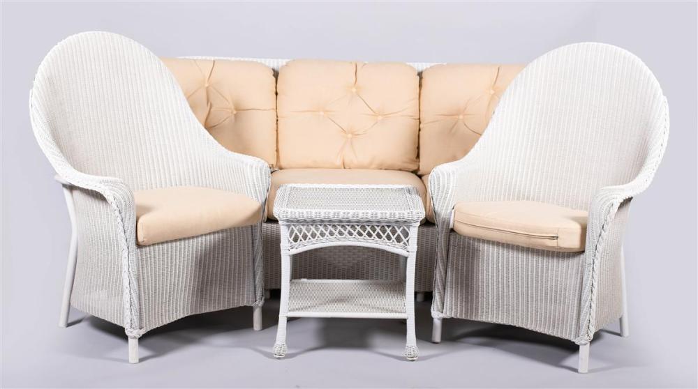 WHITE WICKER SOFA, PAIR OF LOUNGE CHAIRS