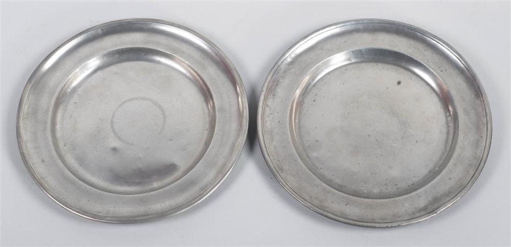 TWO ENGLISH CIRCULAR PEWTER DISHES,