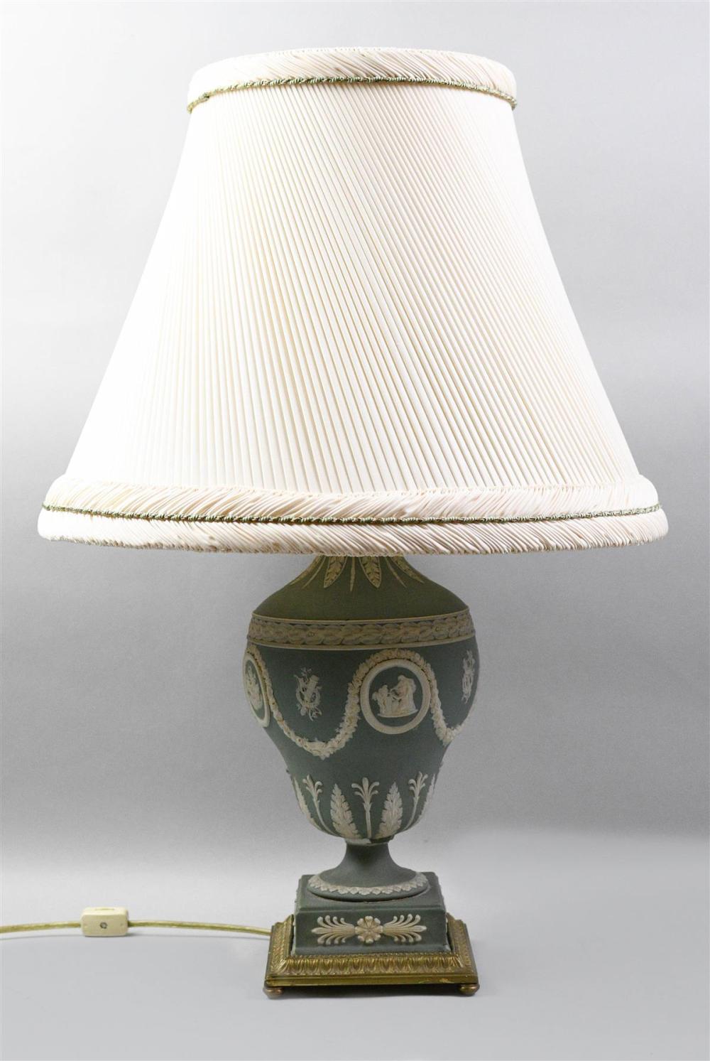 WEDGWOOD GREEN AND WHITE JASPER LAMP,