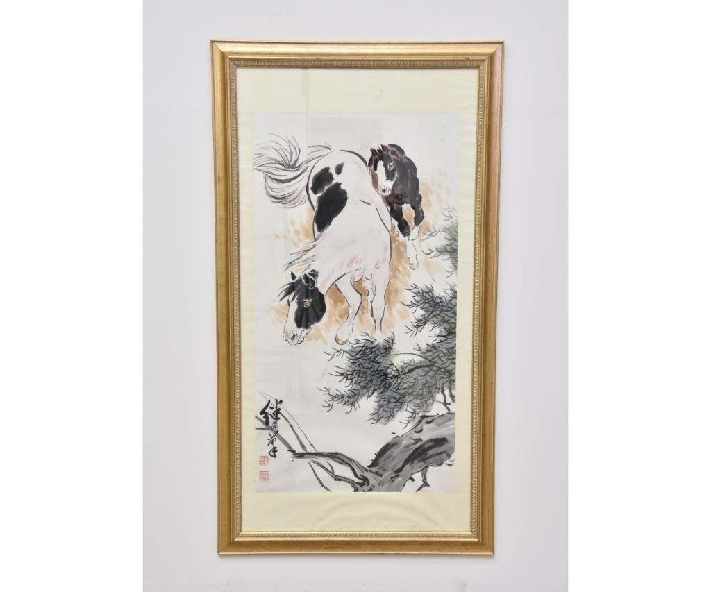 Large Chinese watercolor of horses,