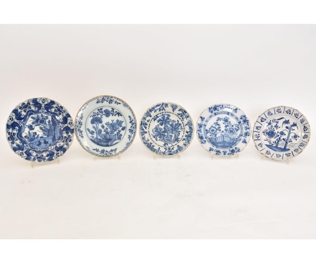 Five Delft plates, 18th c. largest