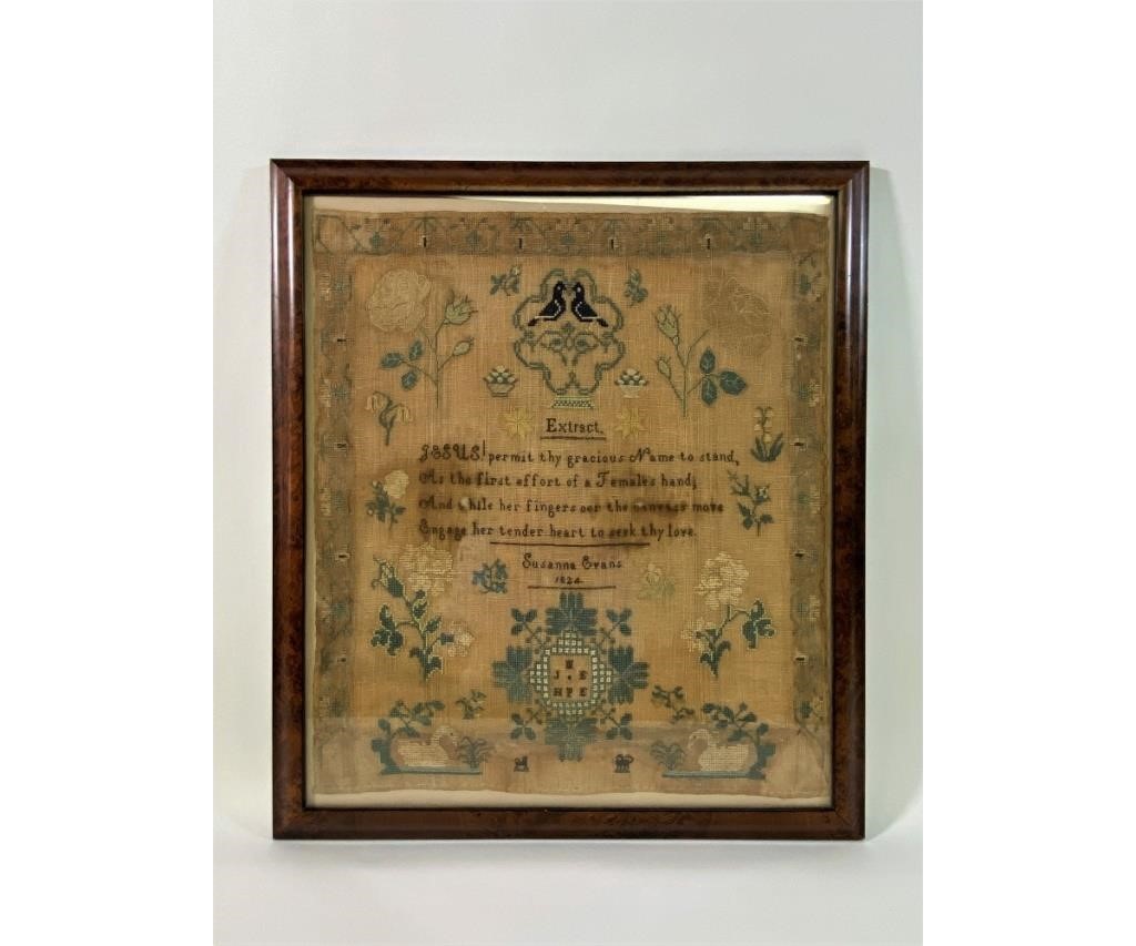 Silk on linen sampler with verse,