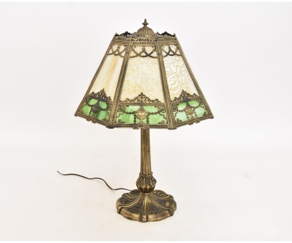 Slag glass and metal table lamp,