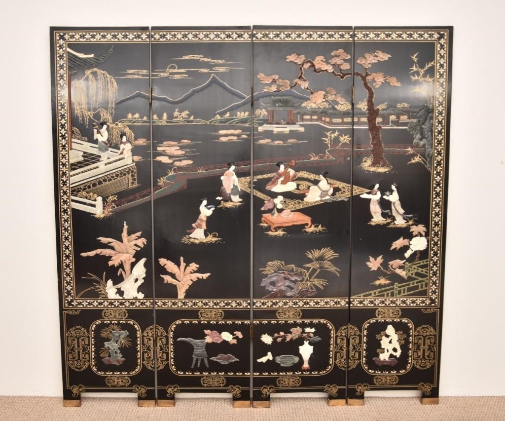 Asian black lacquered  four-part screen