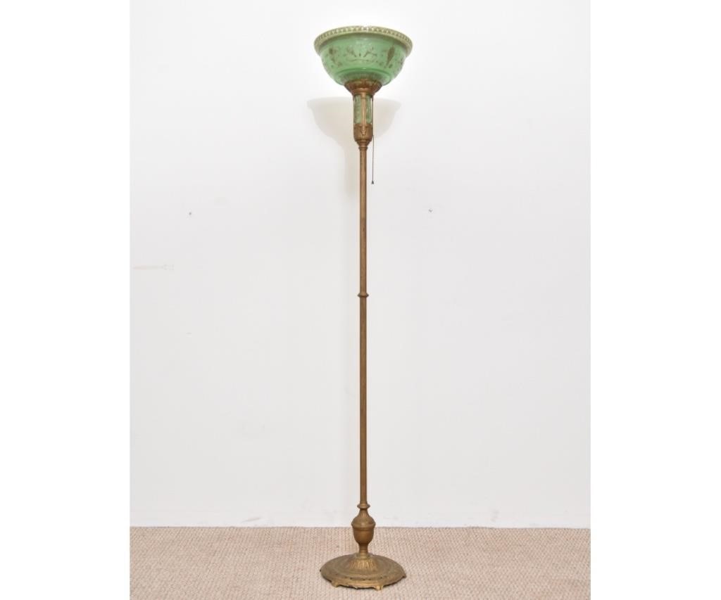 Gilt painted metal floor lamp with green