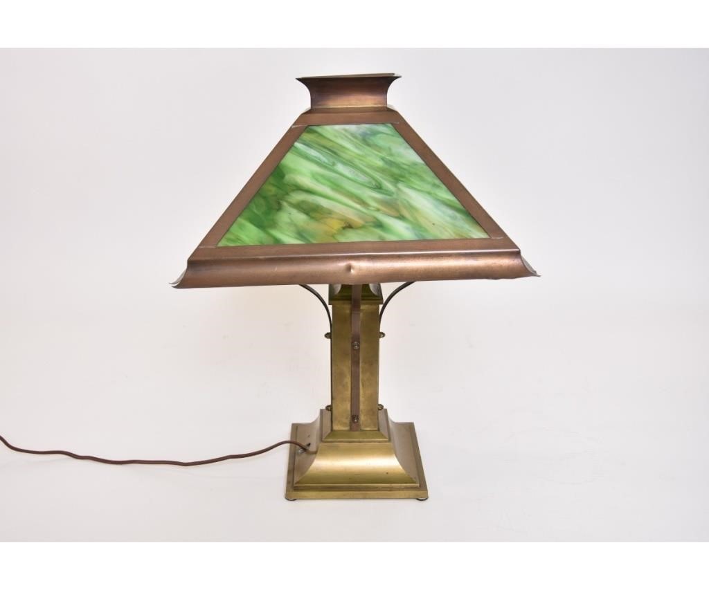 Arts & Crafts brass lamp with green