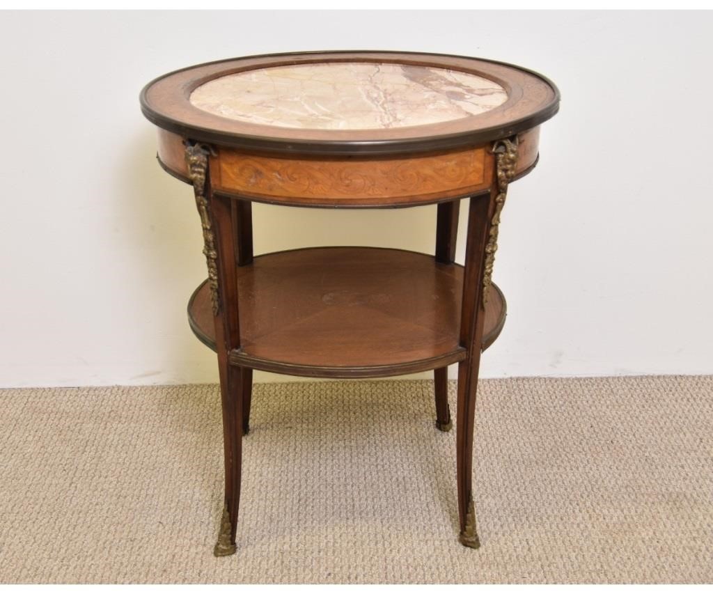 French round marble top marquetry inlaid