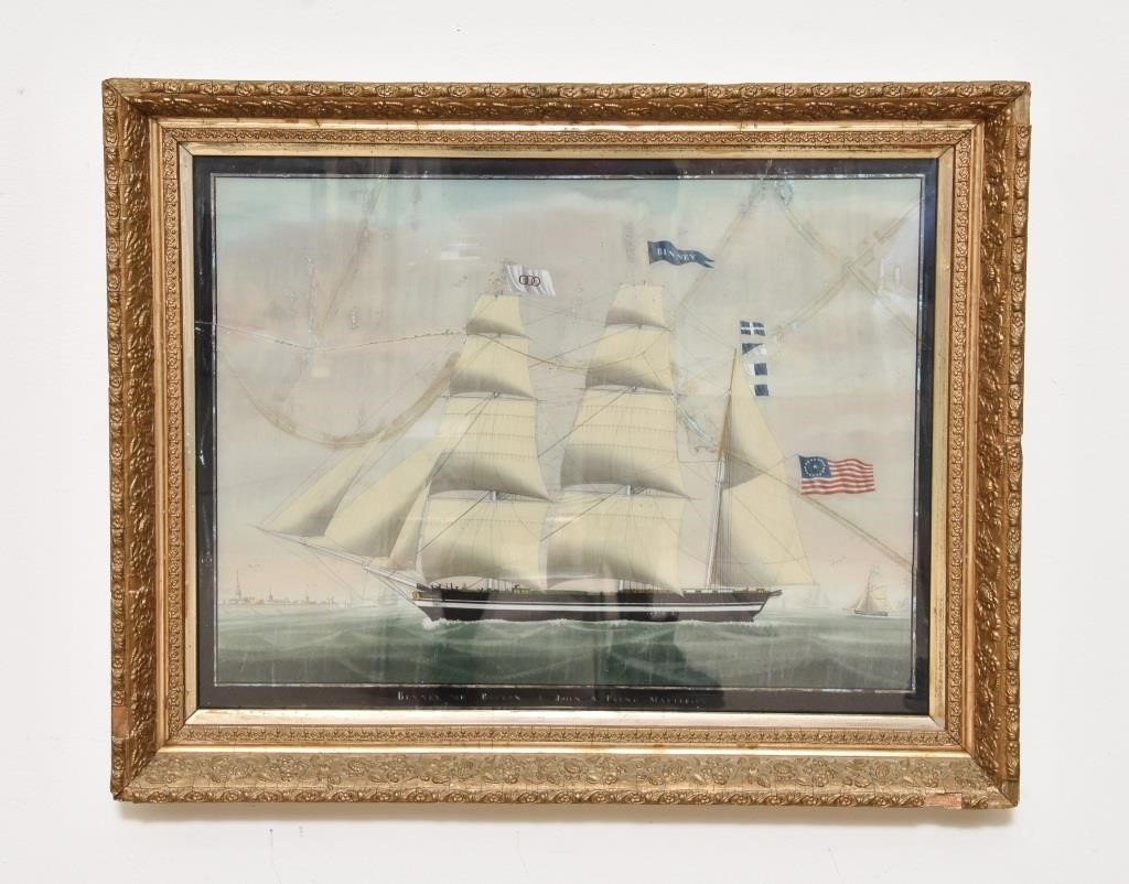Reverse painting on glass of the sailing