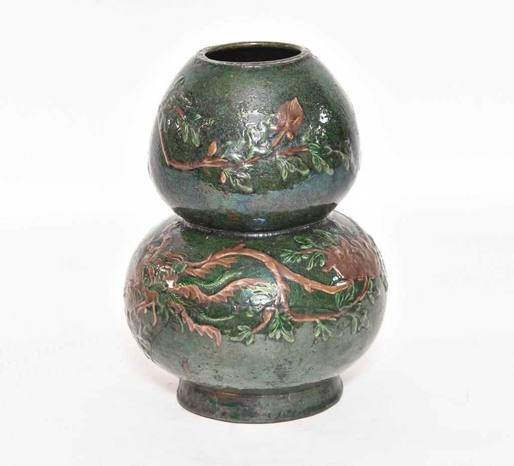 Asian green glazed pottery double