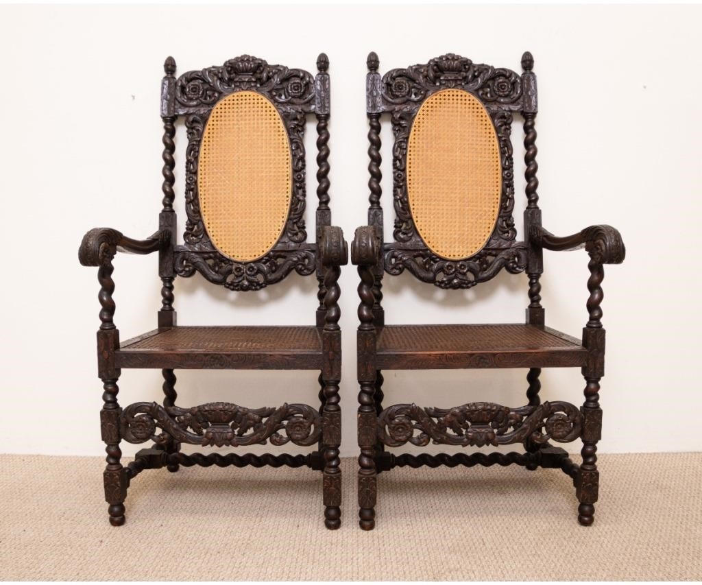 Two Jacobean style oak carved armchairs 3395b0