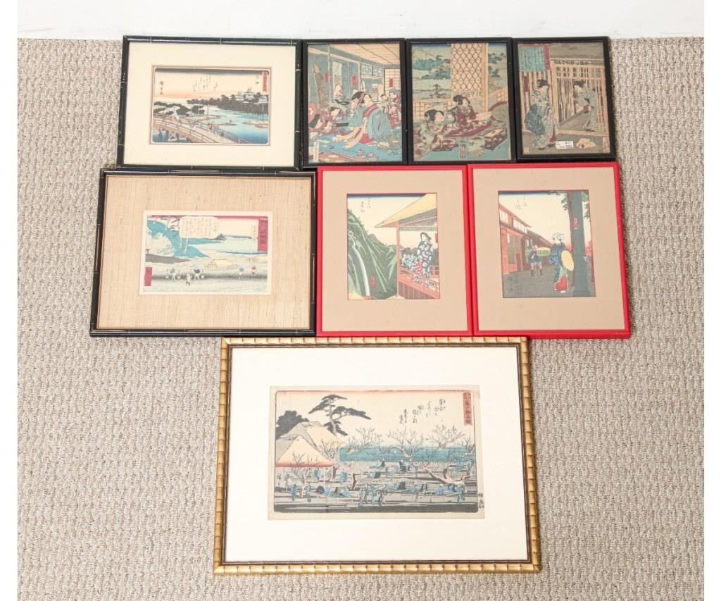 Eight framed Japanese wood block
