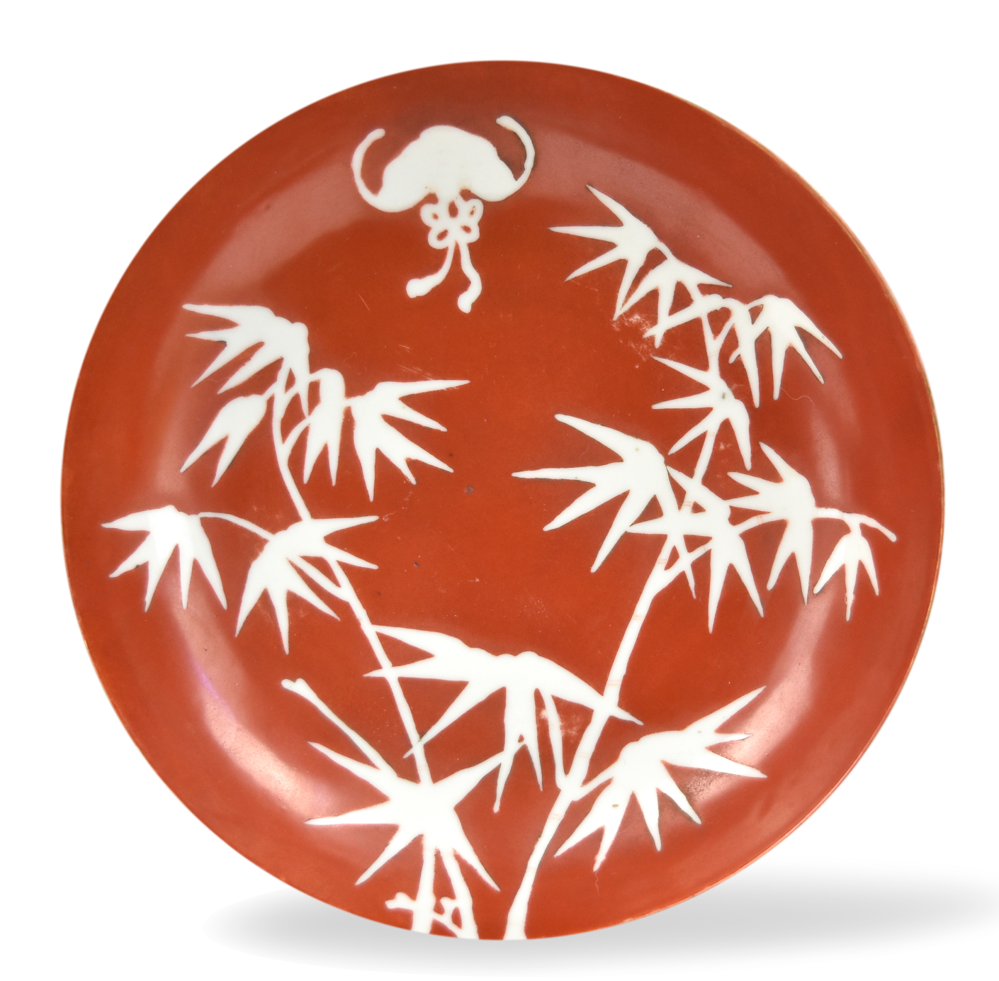 CHINESE CORAL RED PLATE W BAMBOO  33960f