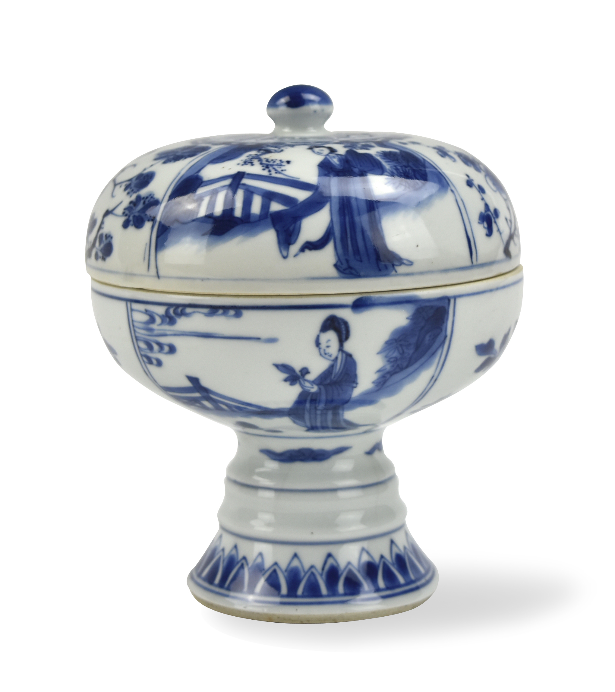 CHINESE BLUE& WHITE STEM BOWL&COVER,