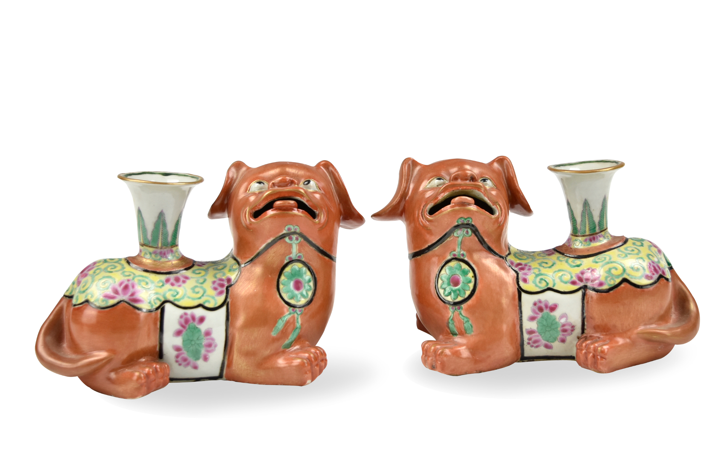 PAIR OF FAMILLE ROSE FOO-DOG CANDLE