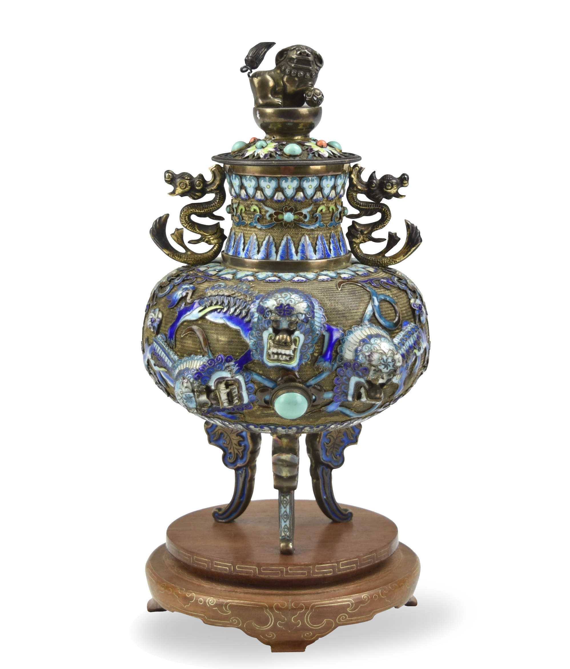 CHINESE SILVER CLOISONNE TRIPOD