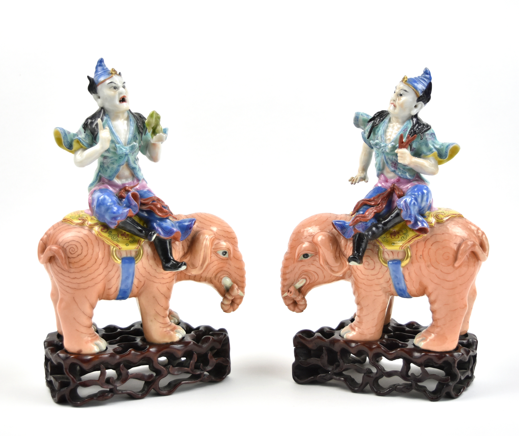 PAIR OF CHINESE FIGURES ON ELEPHANT 18TH 3396bb