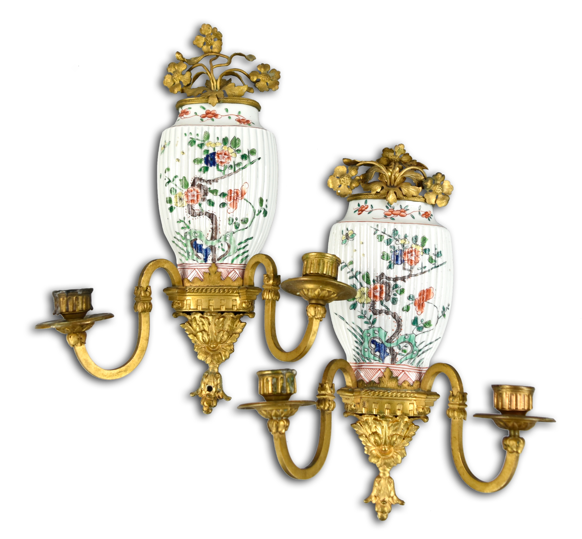 PAIR OF ORMOLU FAMILLE VERTE WALL