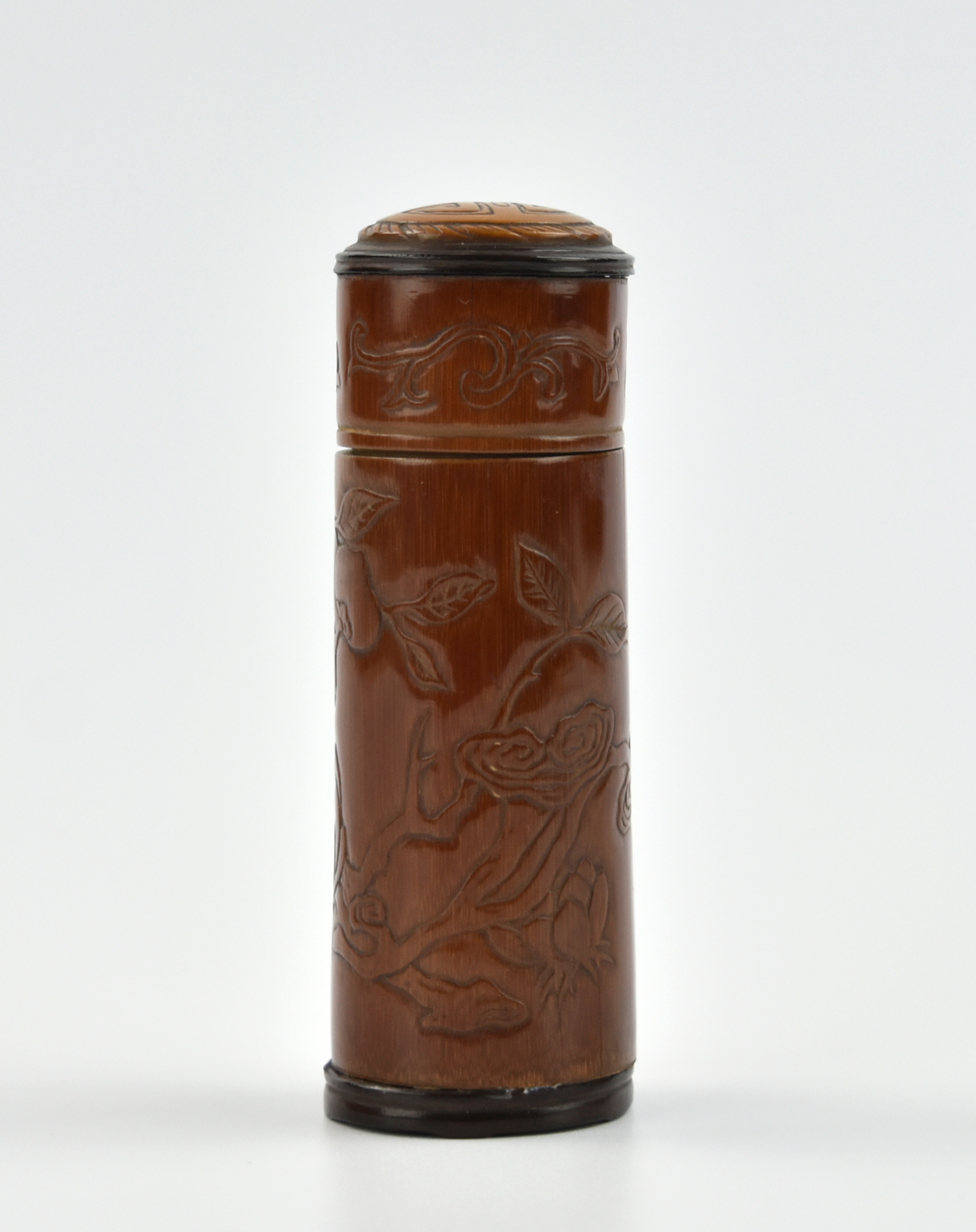 CHINESE BAMBOO CARVED INCENSE CONTAINER,