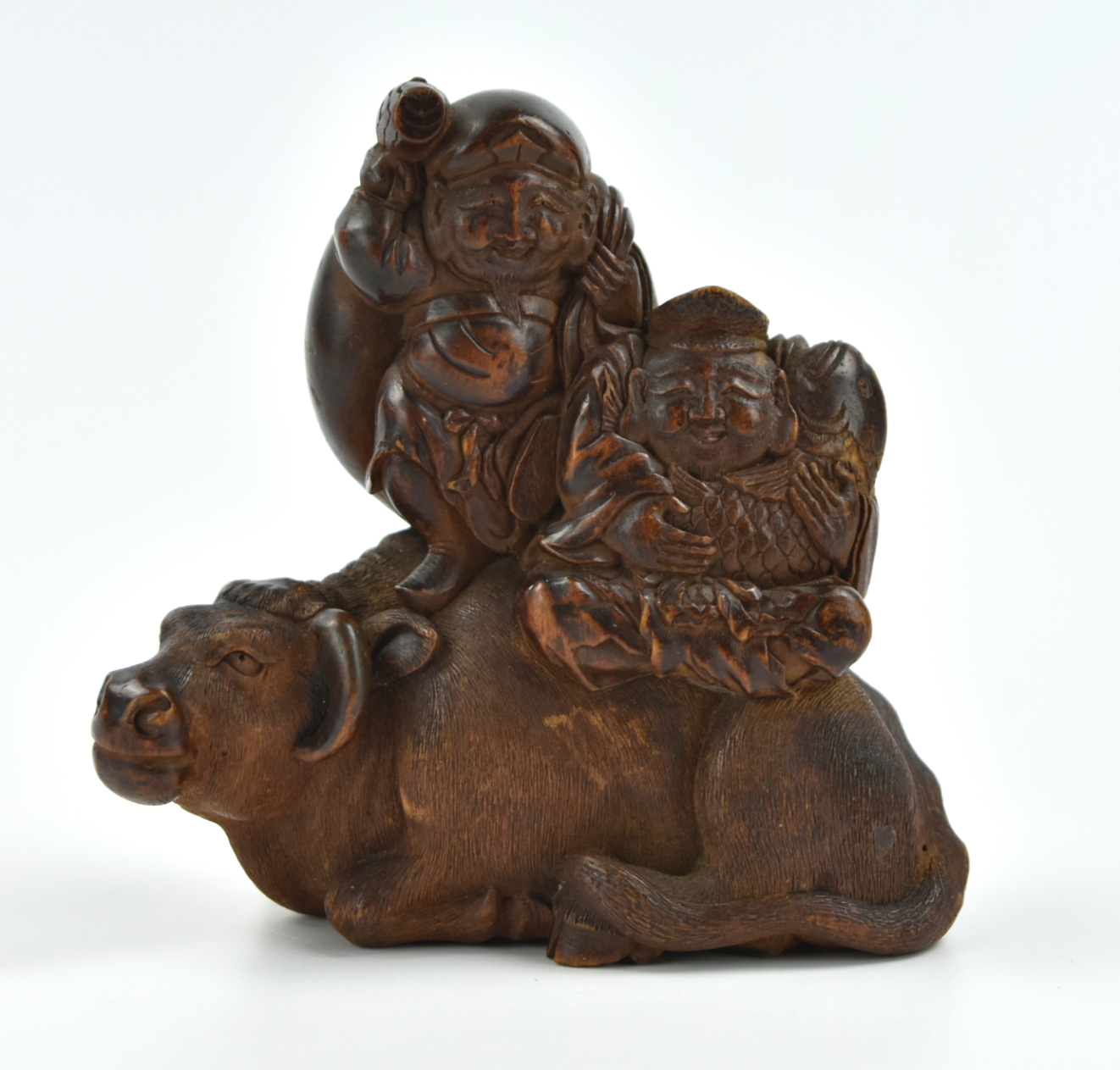 CHINESE CARVED WOOD HEHE ON CATTLE  339861