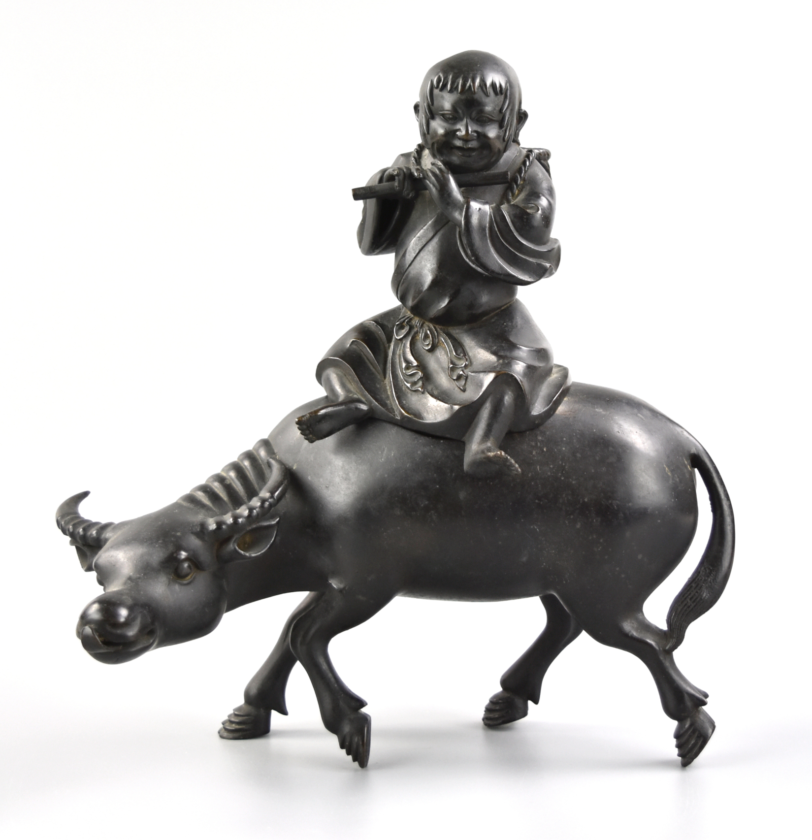 CHINESE BRONZE BOY RIDING ON CATTLE,QING