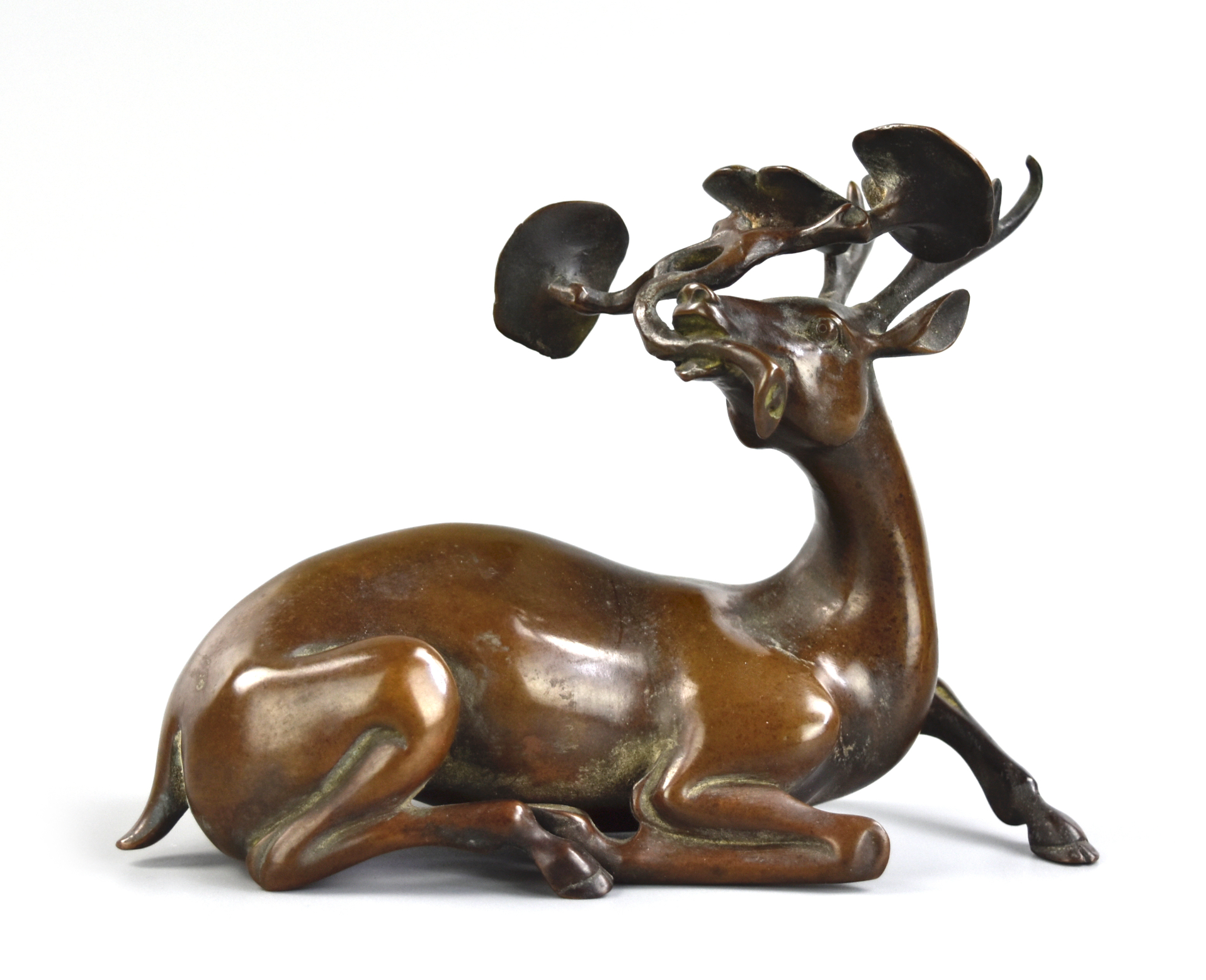 CHINESE CARVED BRONZE DEER W/ LINGZHI,