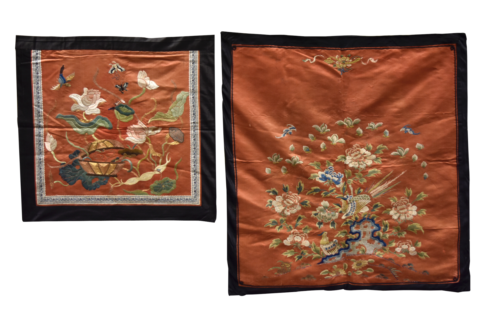 2 CHINESE EMBROIDERY W/ LOTUS &