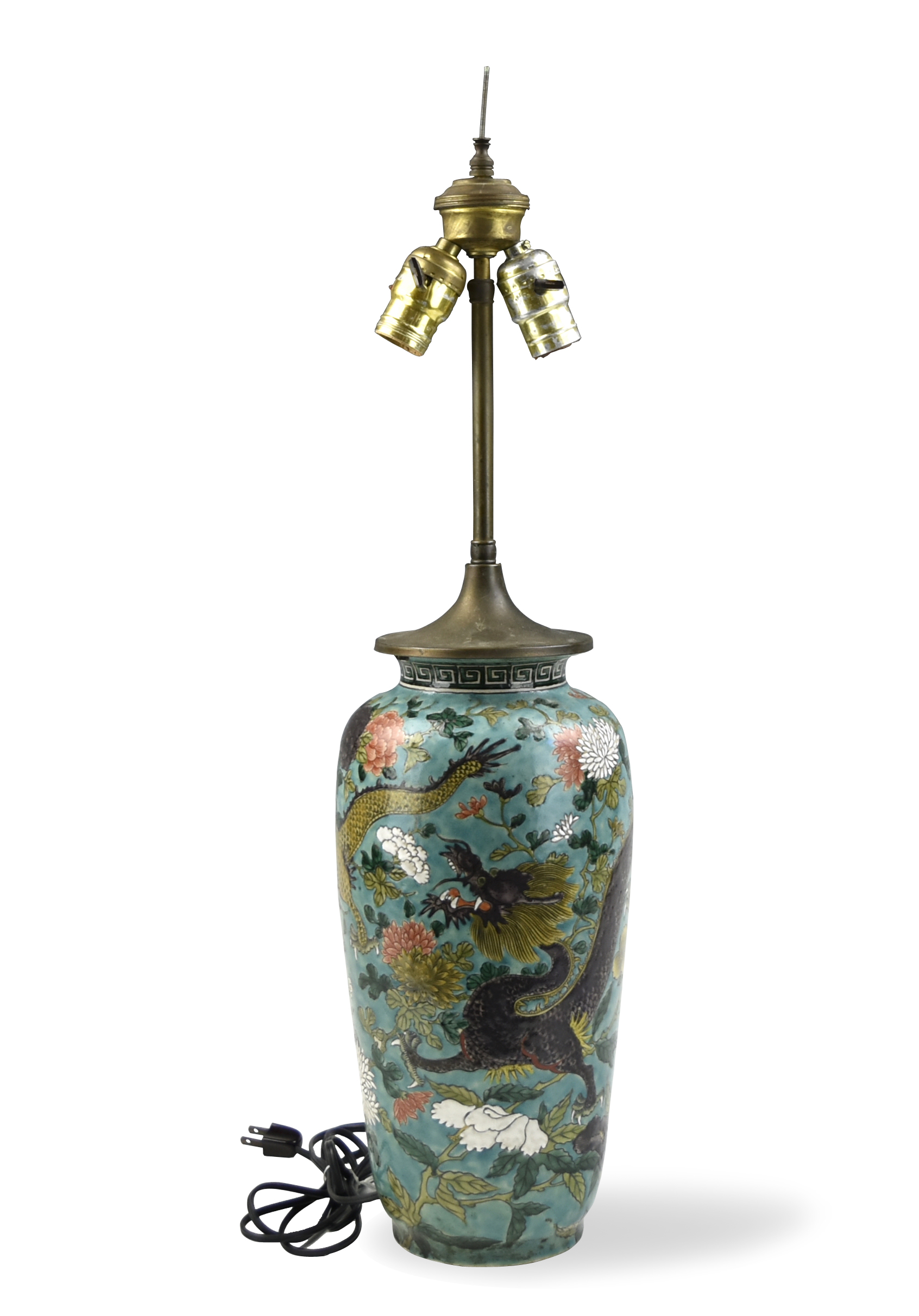 CHINESE GREEN VASE LAMP W/ DRAGON,19TH