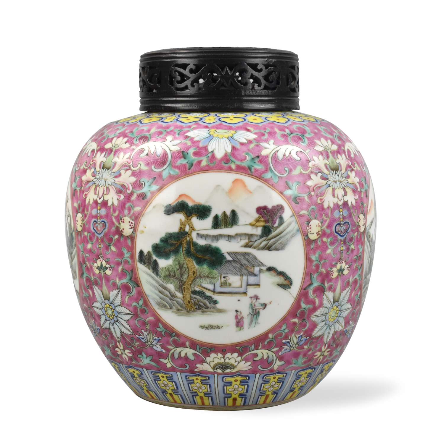 CHINESE FAMILLE ROSE JAR & WOOD