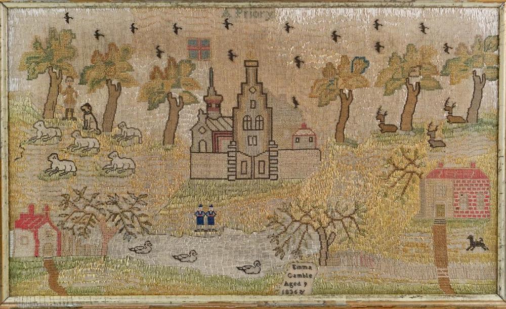 ENGLISH NEEDLEWORK TITLED "A PRIORY",