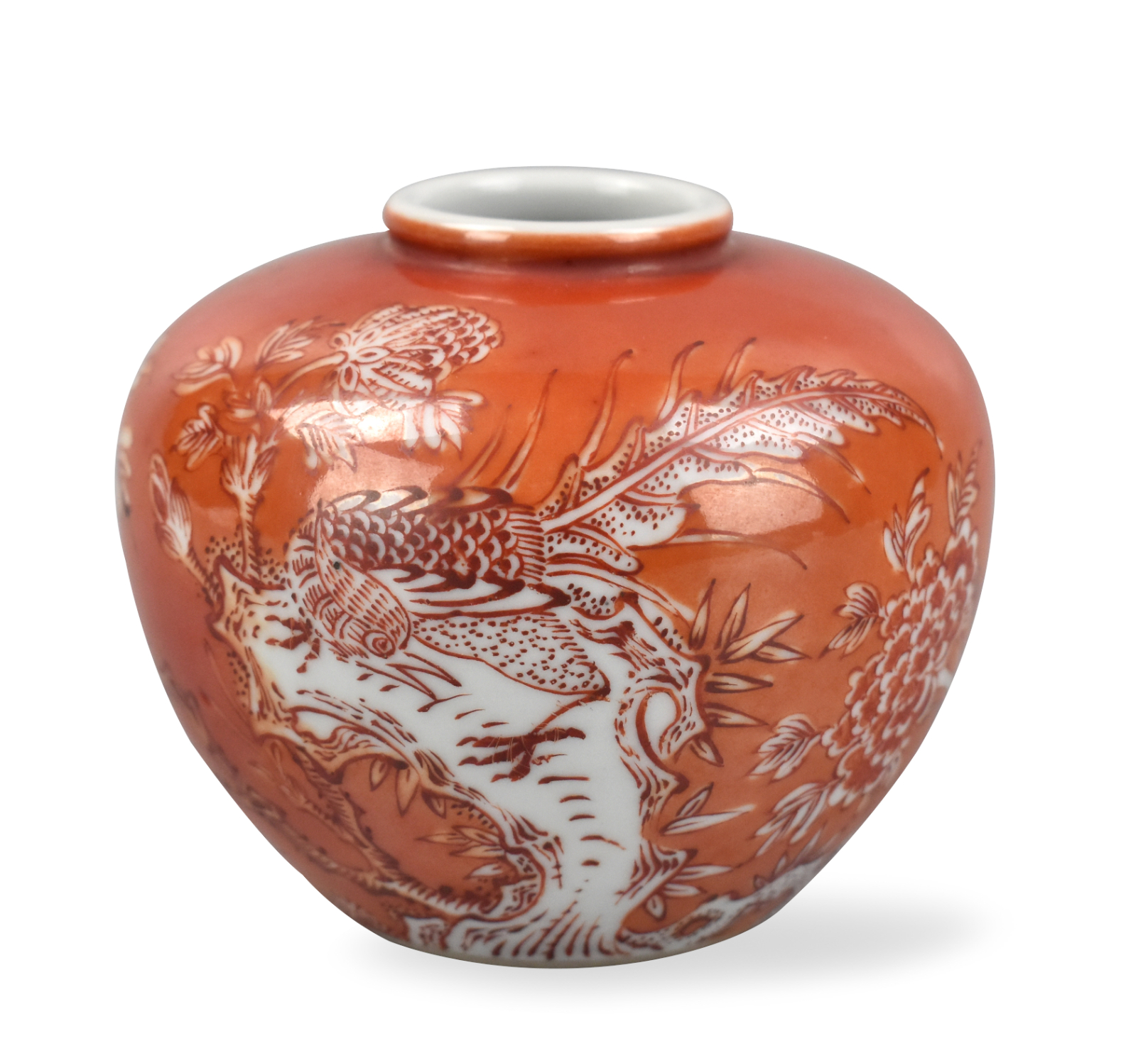 CHINESE CORAL RED WATERPOT W PHEASANT 339c3c