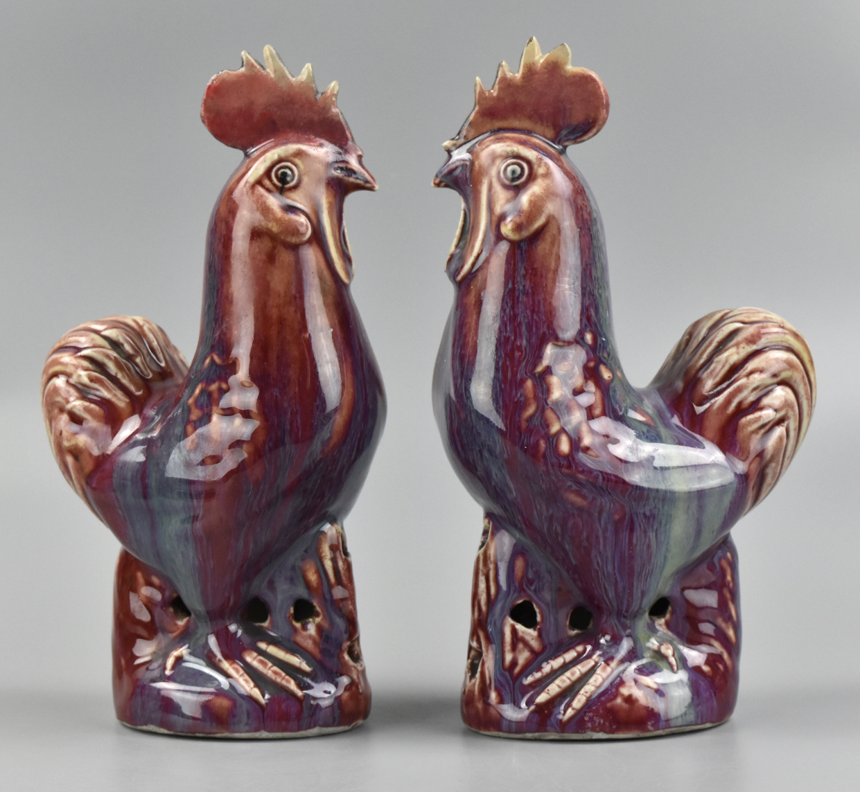 PAIR OF CHINESE FLAMBE GLAZED ROOSTERS 19TH 339c58