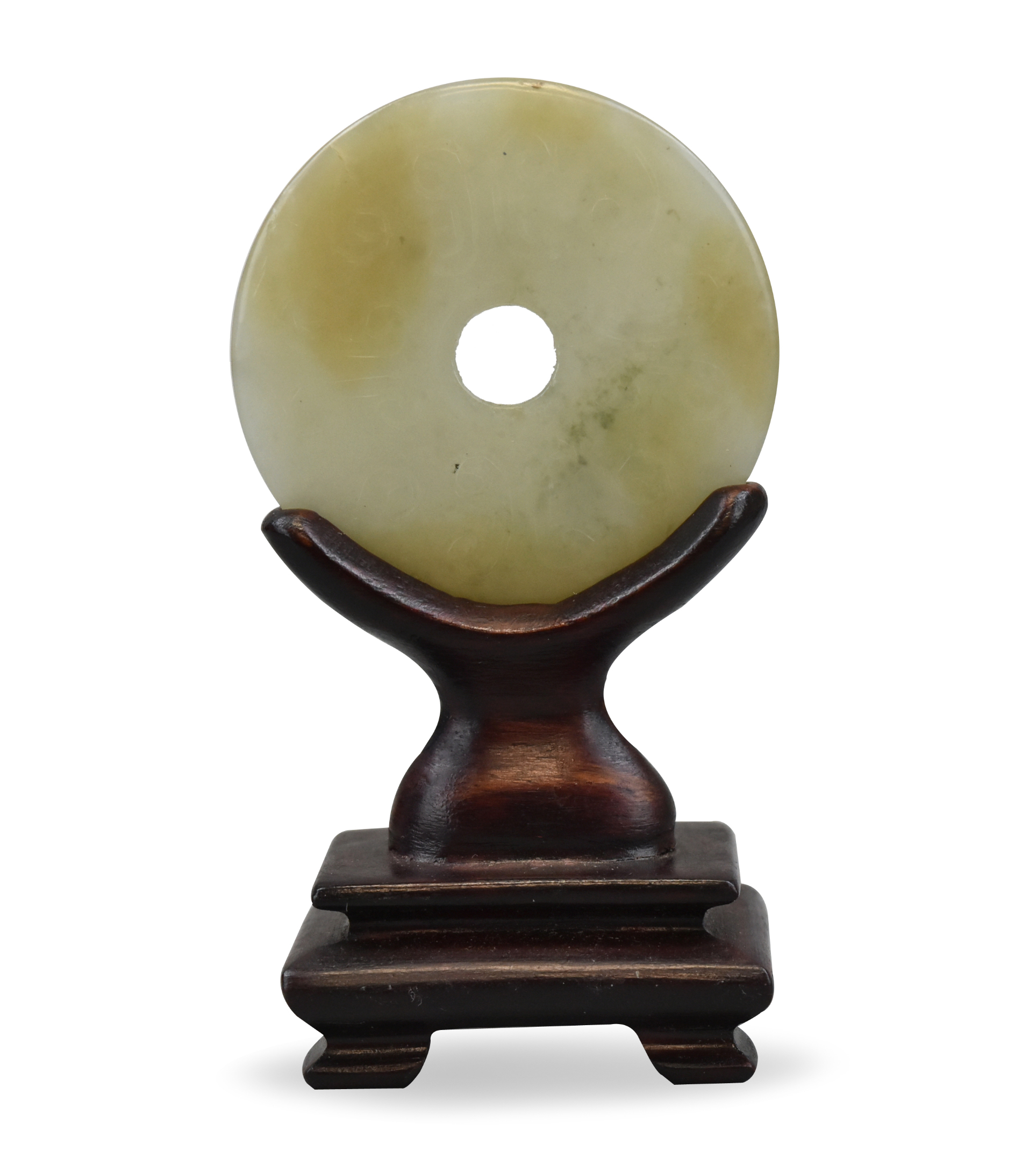 CHINESE JADE CARVED BI DISC ON STAND,