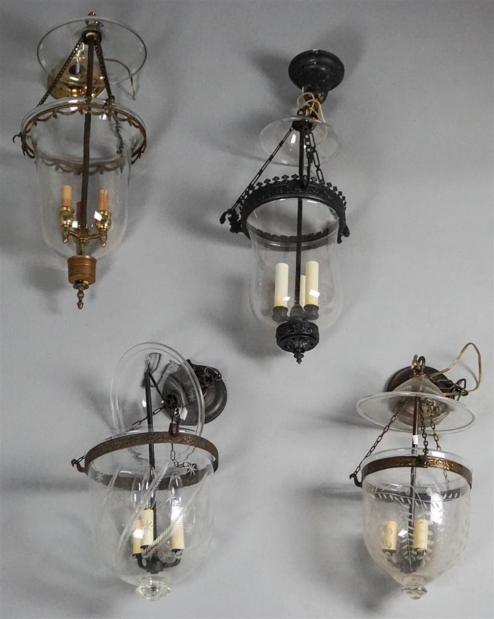 FOUR CLEAR GLASS BELL JAR CHANDELIERS,