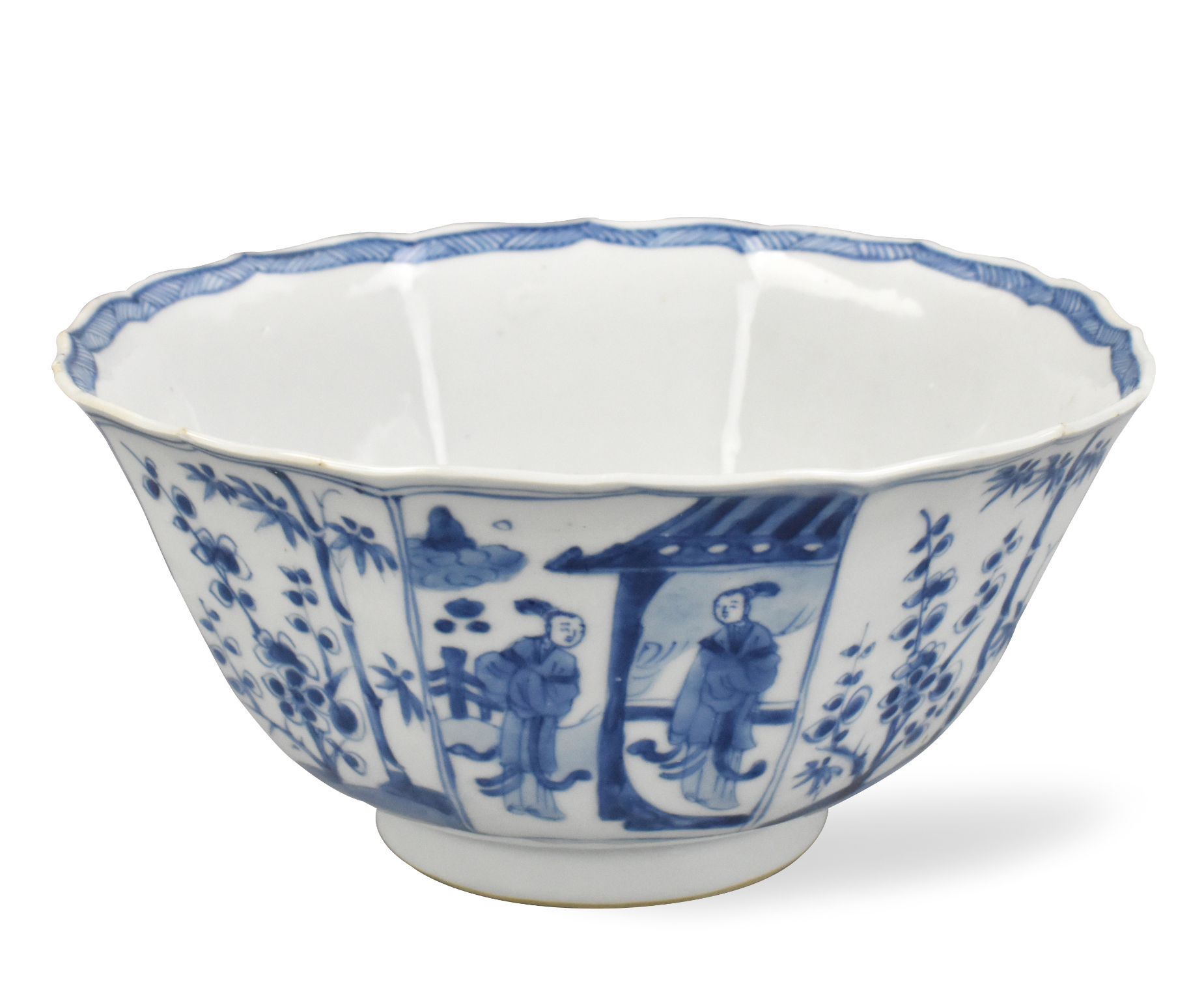 LARGE CHINESE B & W BOWL W/ FIGURES,KANGXI