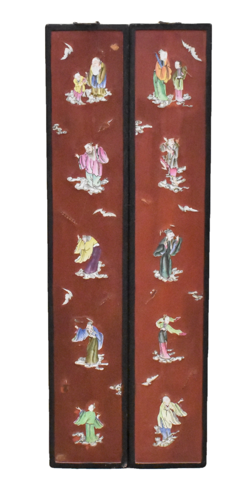 2 CHINESE LACQUER PANEL W/ PORCELAIN