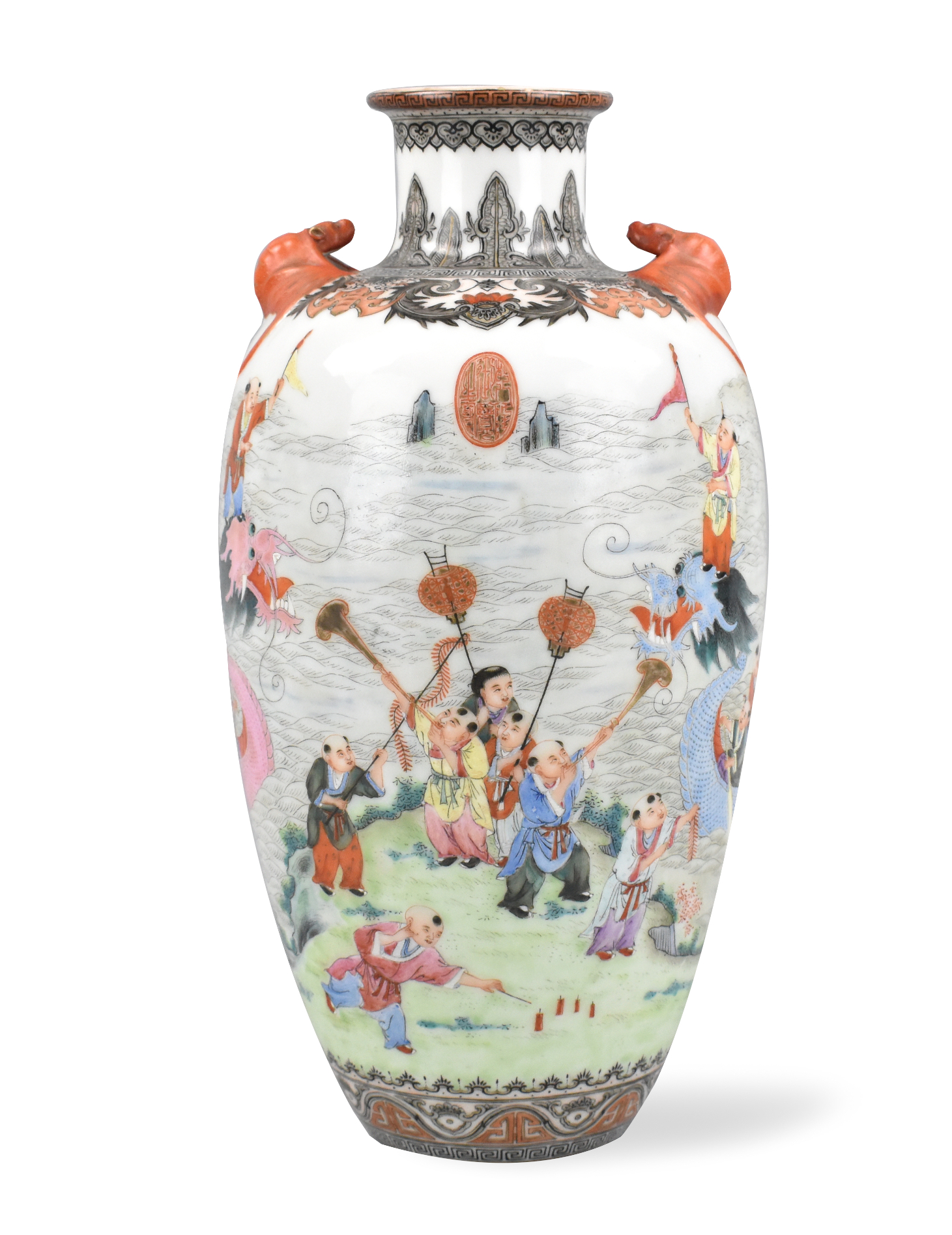 CHINESE ENAMELED VASE W/ DRAGON BOAT