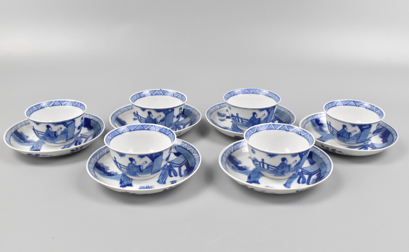 SET OF 6 CHINESE BLUE WHITE TEACUPS 339f9c