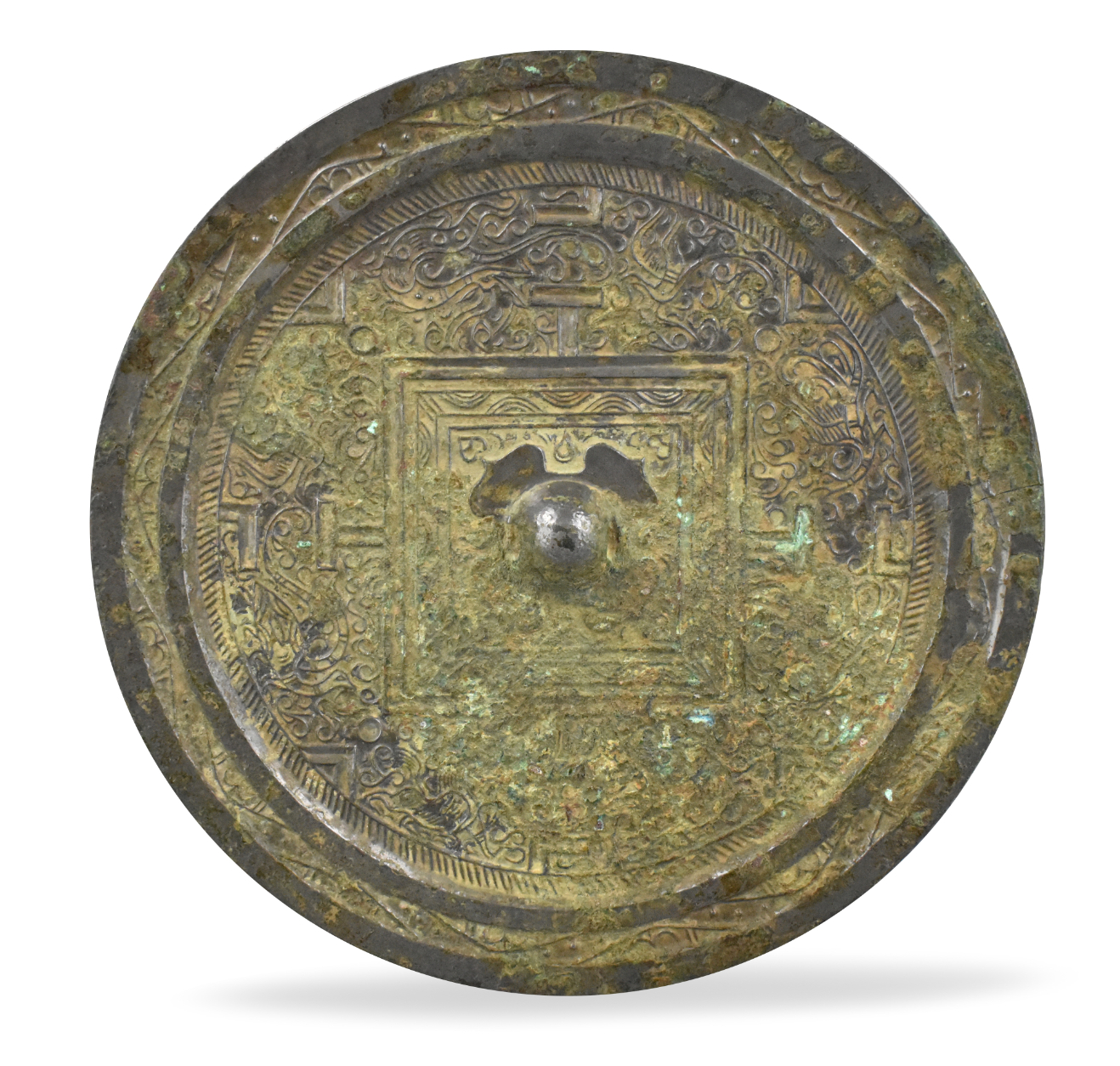 CHINESE BRONZE MIRROR W TWIN DRAGONS HAN 33a069