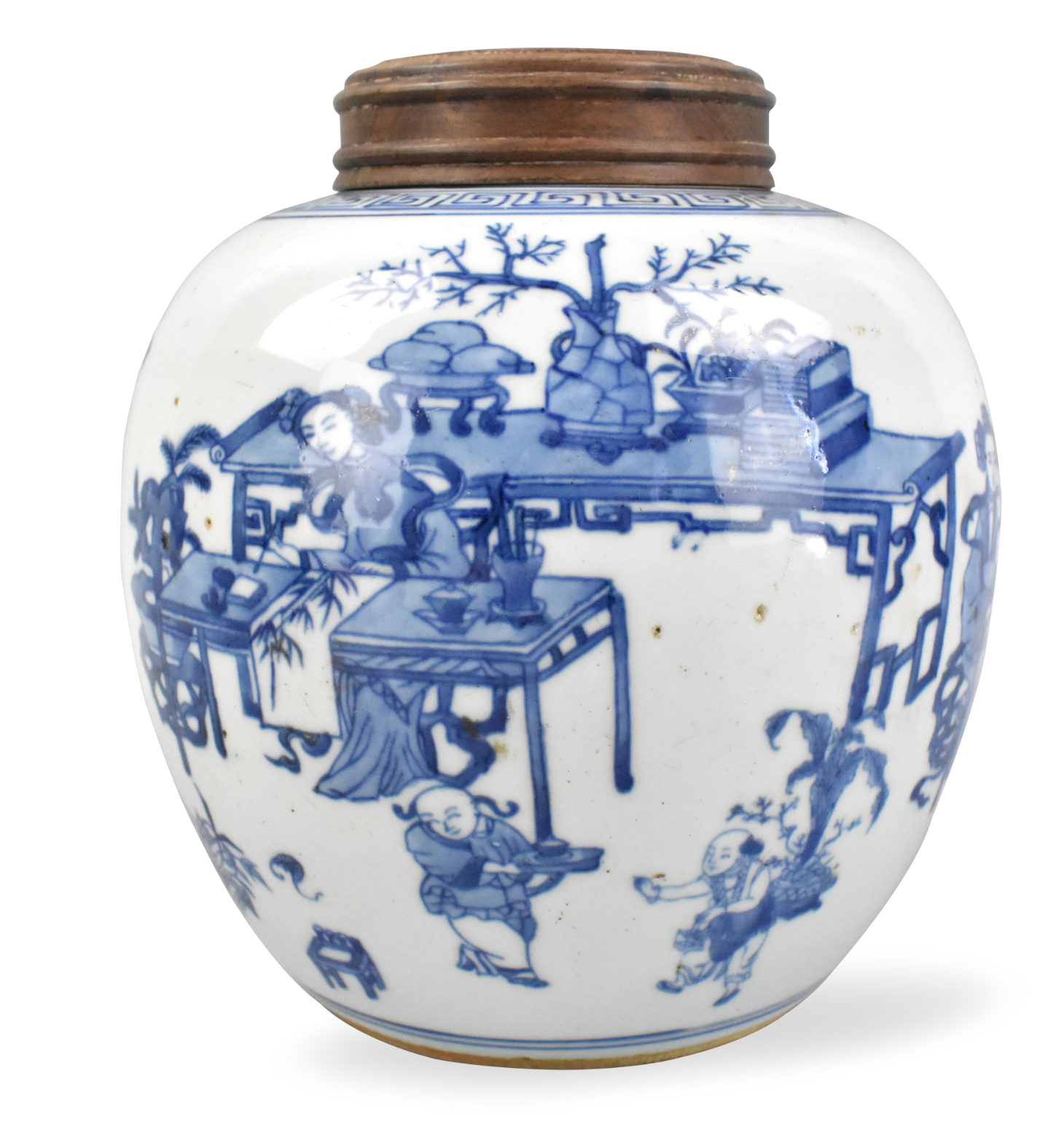 CHINESE BLUE WHITE JAR W FIGURES  33a0a5